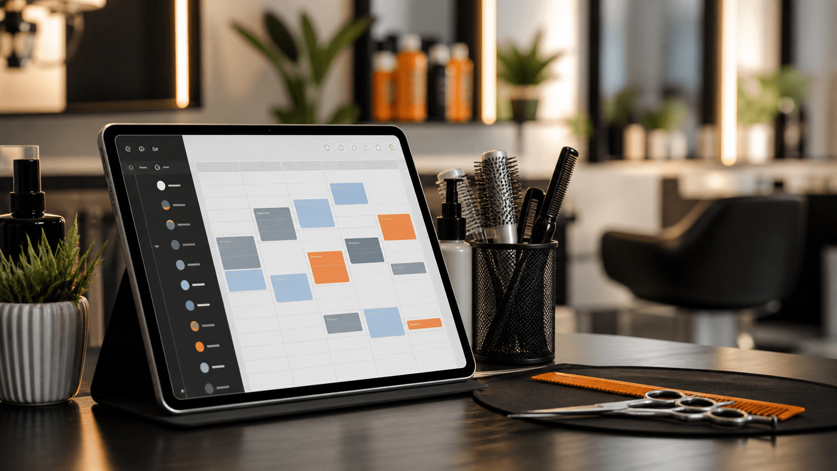 Agenda online per parrucchieri su tablet in una postazione salone