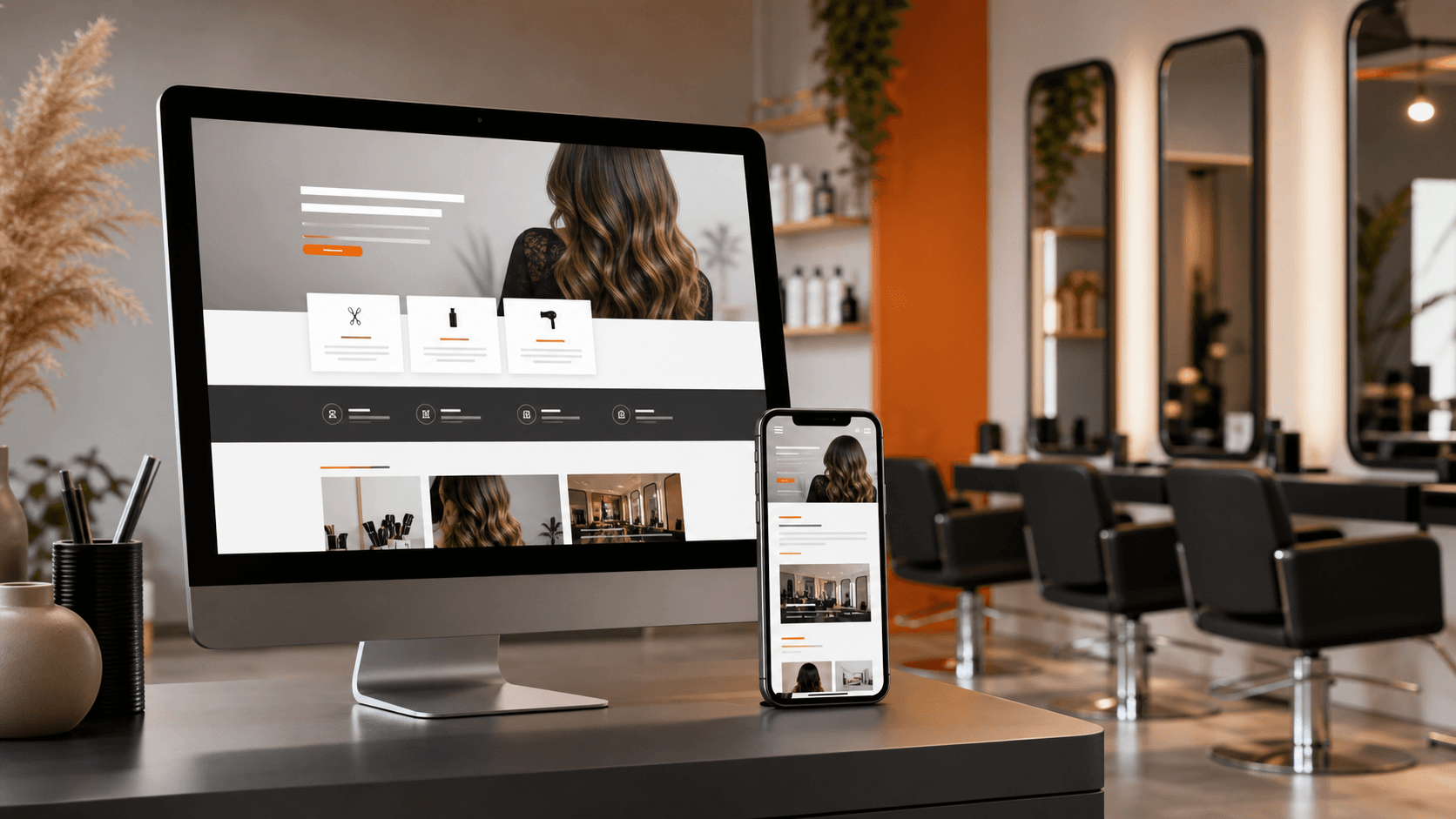 Sito web per parrucchiere su monitor e smartphone