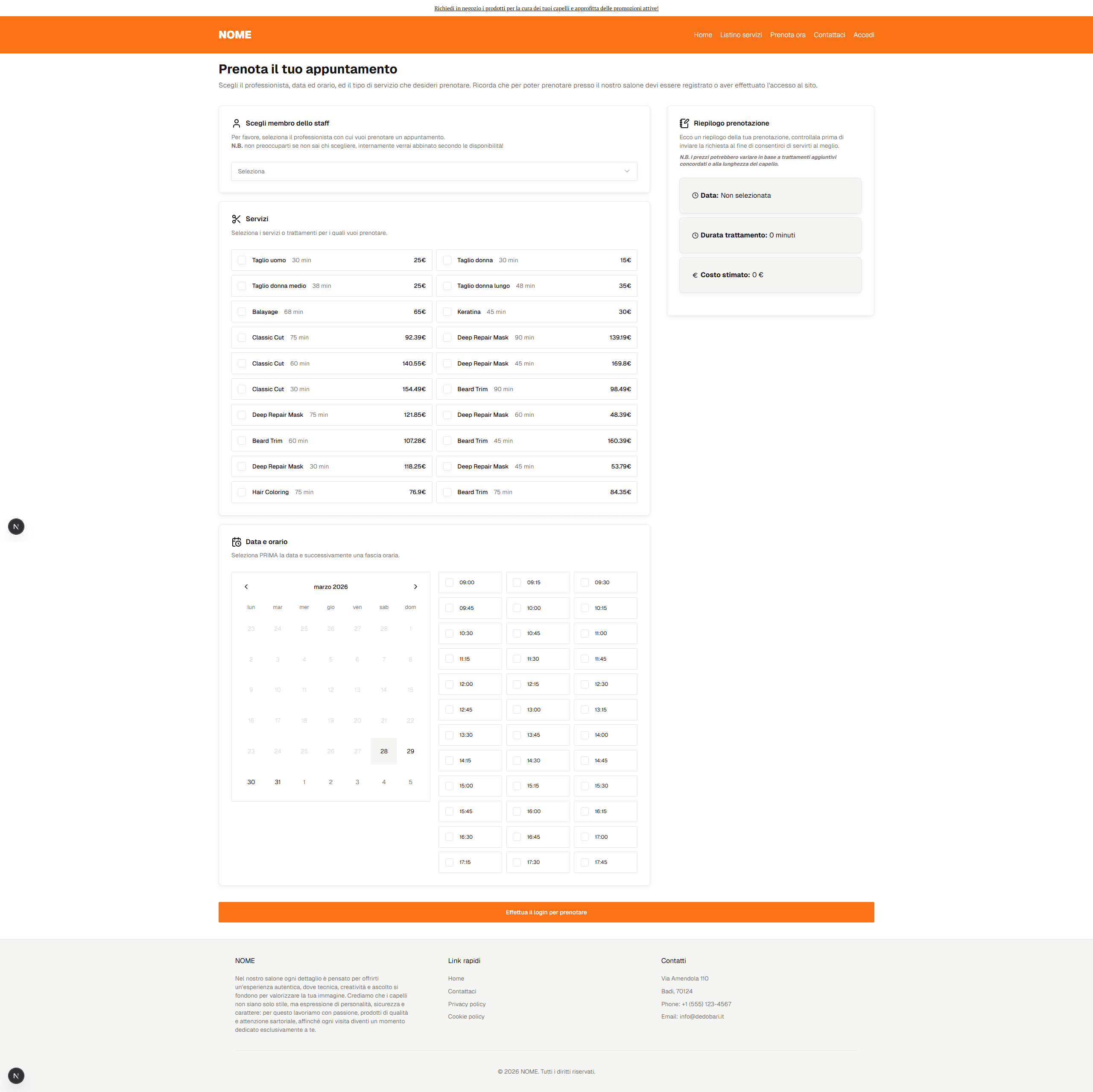 Pagina prenotazioni placeholder