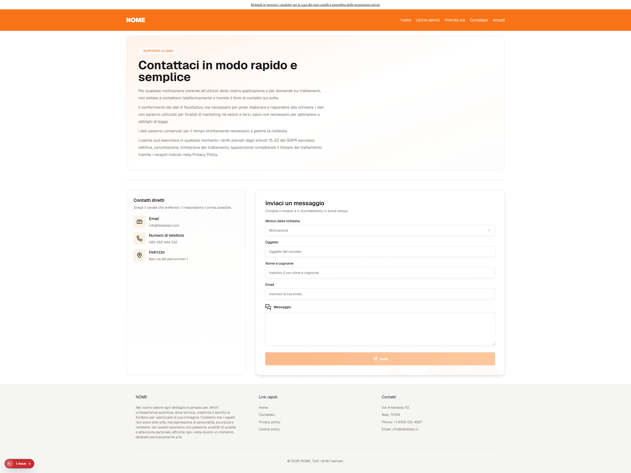 Pagina pubblica contatti placeholder